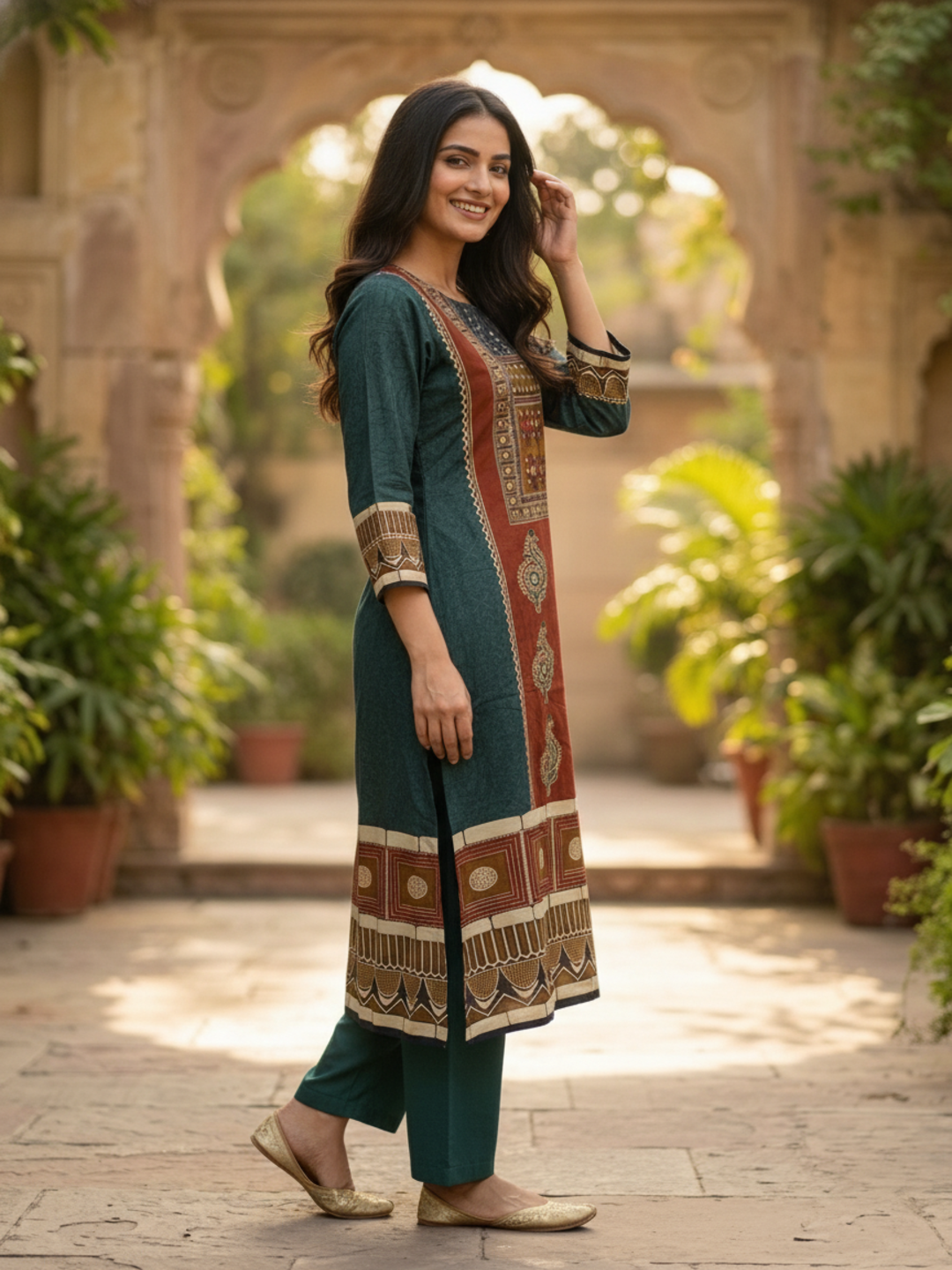 Bottle Green Floral Cotton Kurta Set with Mirror Work, Palazzo & Printed Dupatta