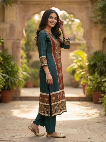 Bottle Green Floral Cotton Kurta Set with Mirror Work, Palazzo & Printed Dupatta