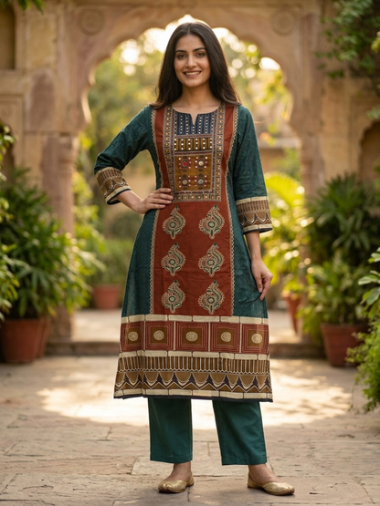 Bottle Green Floral Cotton Kurta Set with Mirror Work, Palazzo & Printed Dupatta