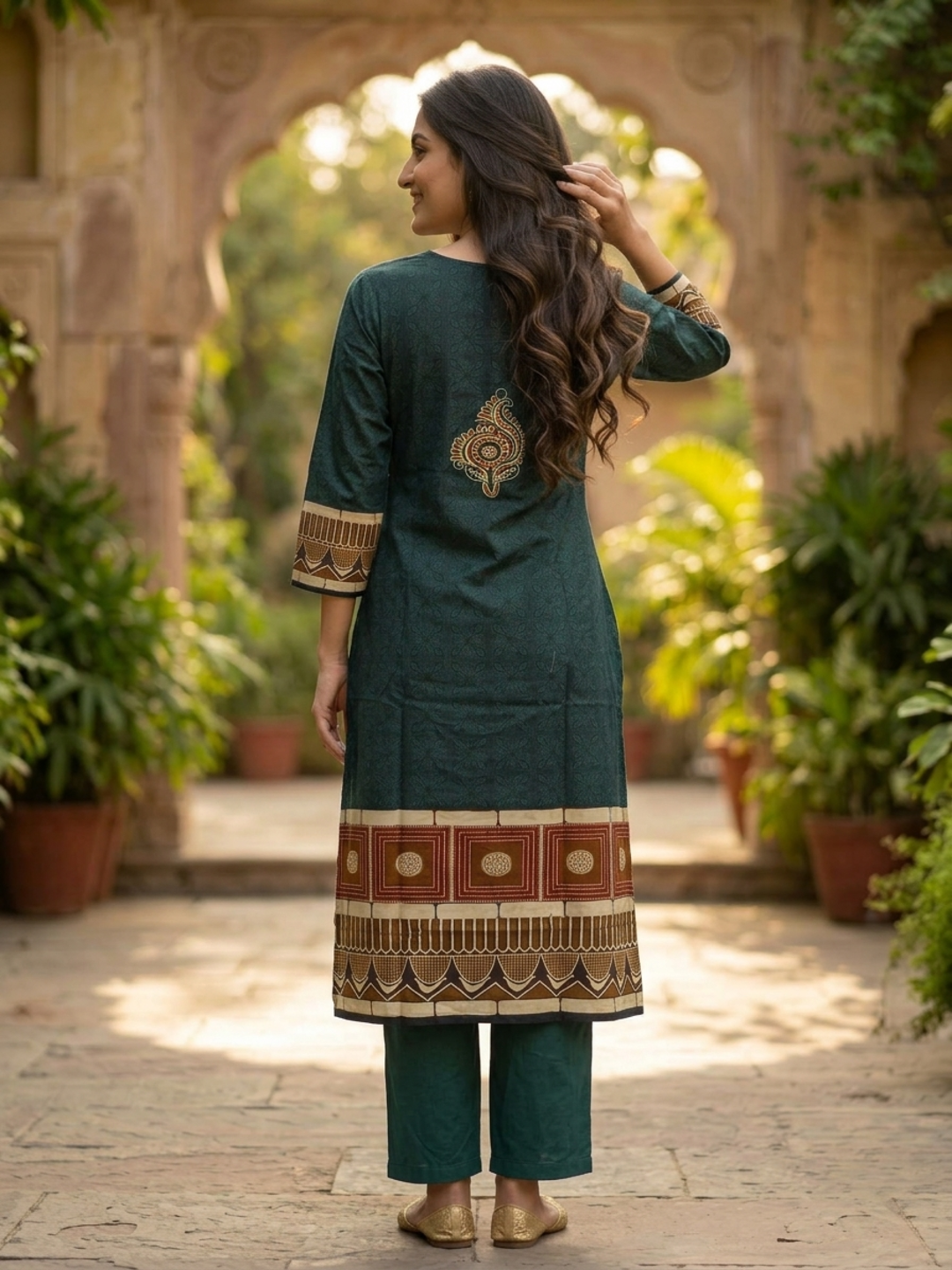 Bottle Green Floral Cotton Kurta Set with Mirror Work, Palazzo & Printed Dupatta