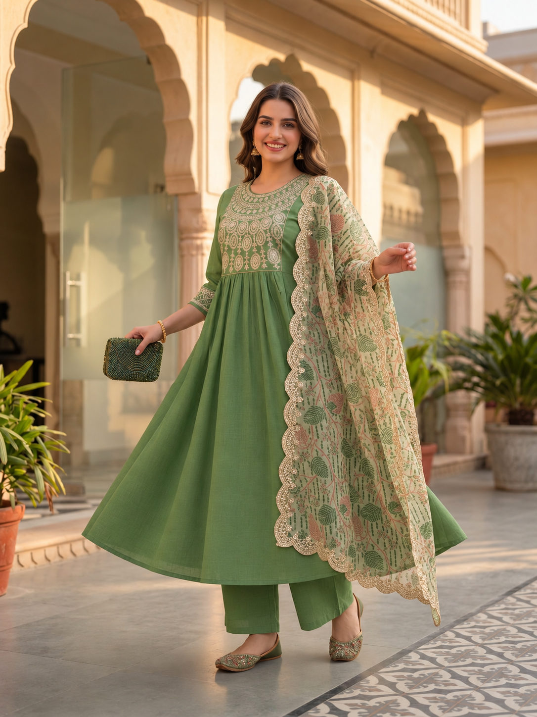 Sage Green Muslin Silk Pleated Kurta Set with Zari Embroidery, Palazzo & Dupatta