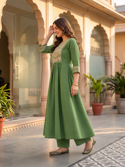 Sage Green Muslin Silk Pleated Kurta Set with Zari Embroidery, Palazzo & Dupatta