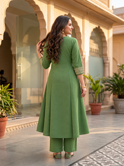 Sage Green Muslin Silk Pleated Kurta Set with Zari Embroidery, Palazzo & Dupatta