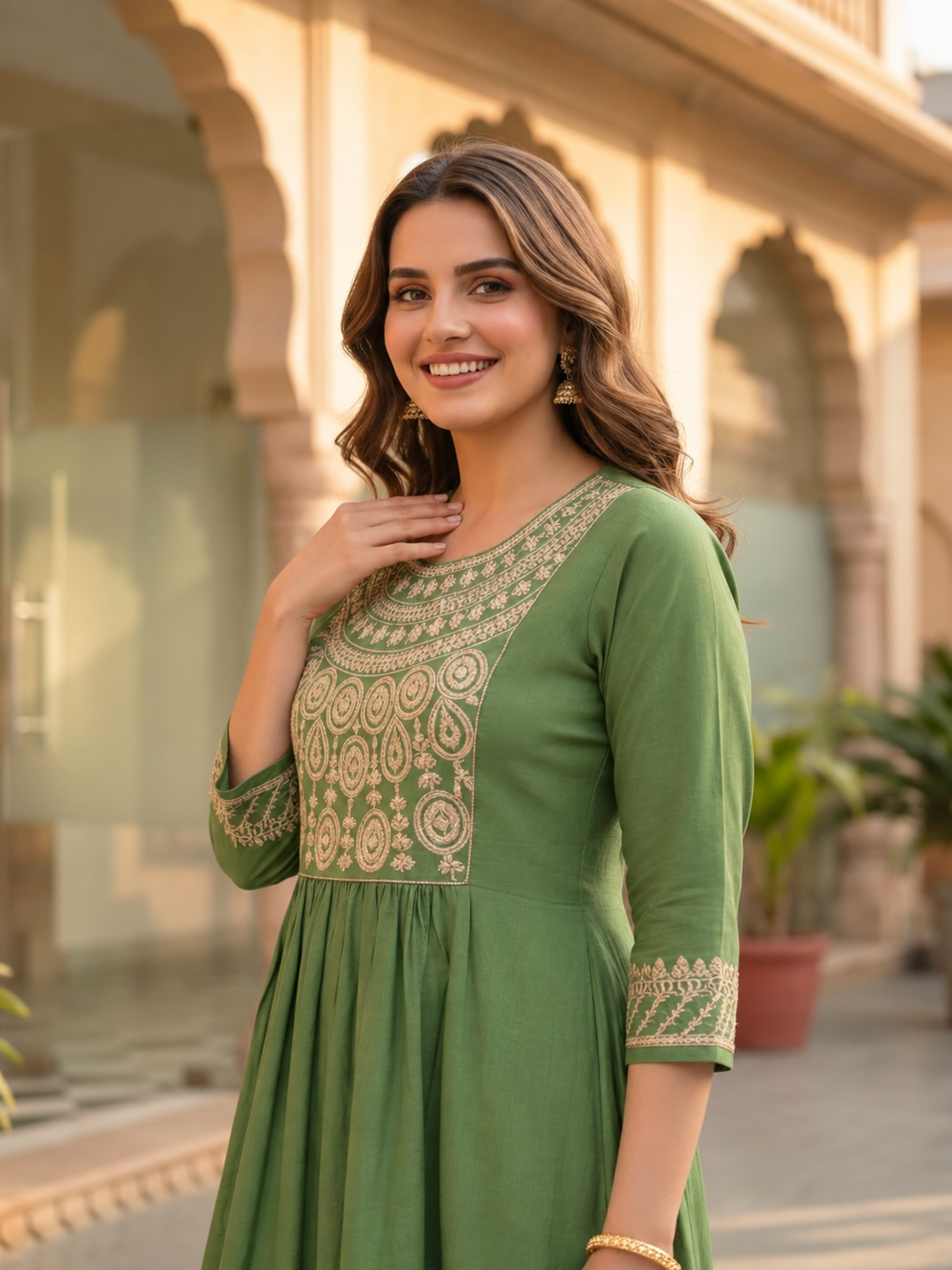 Sage Green Muslin Silk Pleated Kurta Set with Zari Embroidery, Palazzo & Dupatta