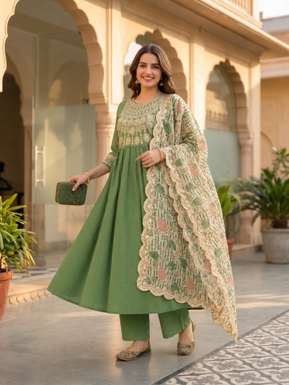 Sage Green Muslin Silk Pleated Kurta Set with Zari Embroidery, Palazzo & Dupatta