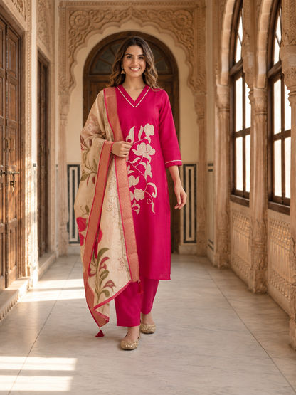 Rani Pink Tissue Kurta Set with Floral Embroidery, Palazzo & Tassel Dupatta