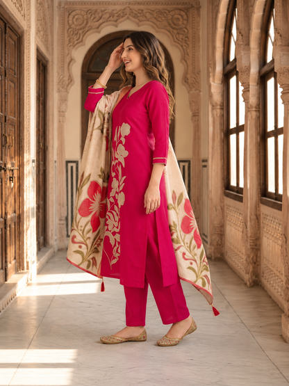 Rani Pink Tissue Kurta Set with Floral Embroidery, Palazzo & Tassel Dupatta