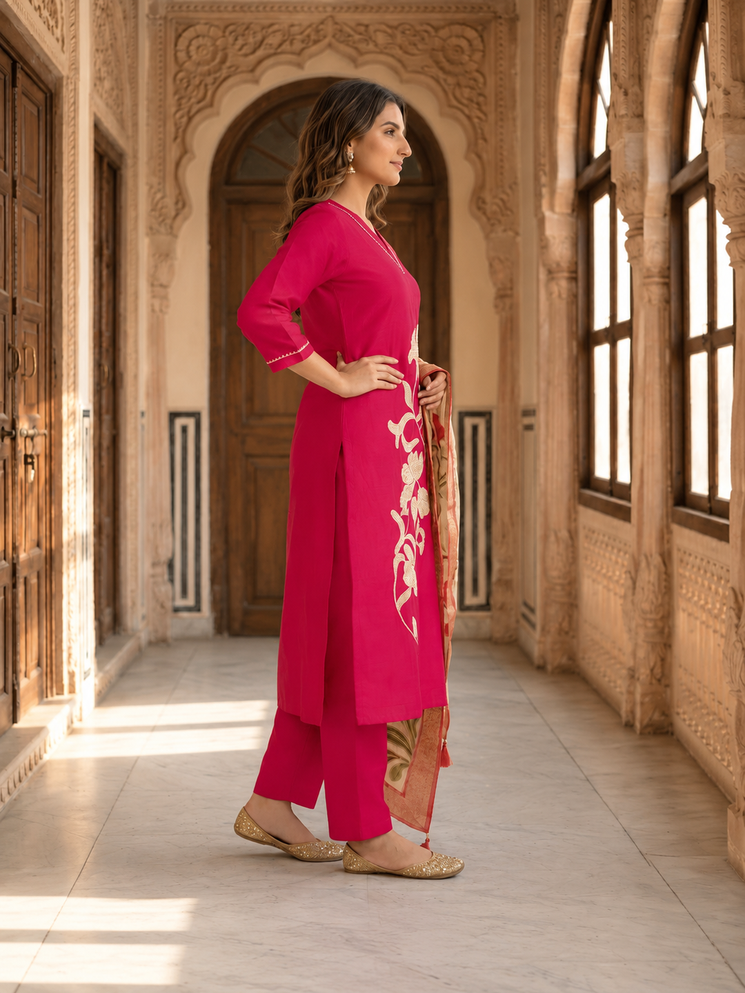 Rani Pink Tissue Kurta Set with Floral Embroidery, Palazzo & Tassel Dupatta