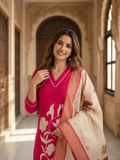 Rani Pink Tissue Kurta Set with Floral Embroidery, Palazzo & Tassel Dupatta