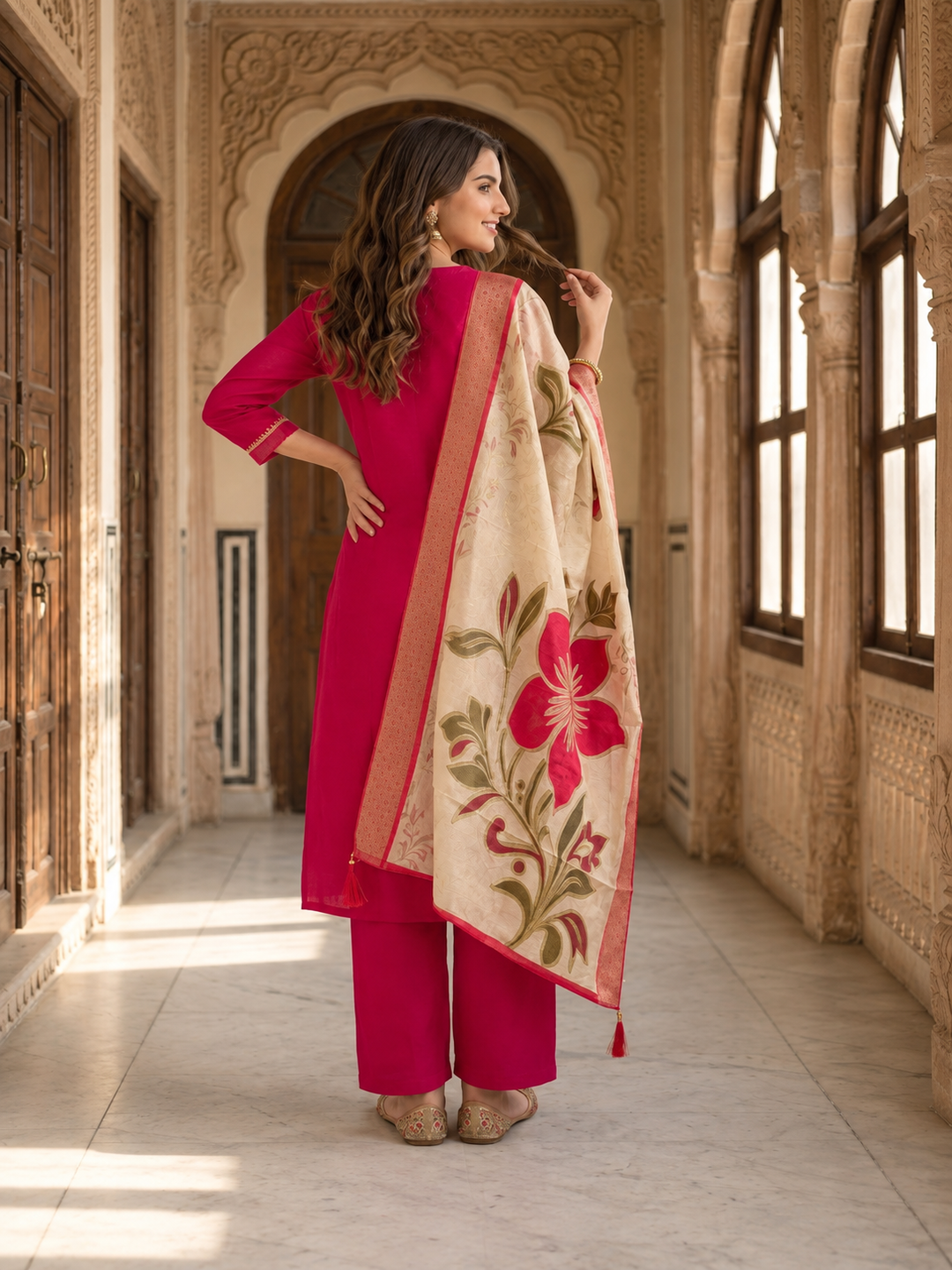 Rani Pink Tissue Kurta Set with Floral Embroidery, Palazzo & Tassel Dupatta