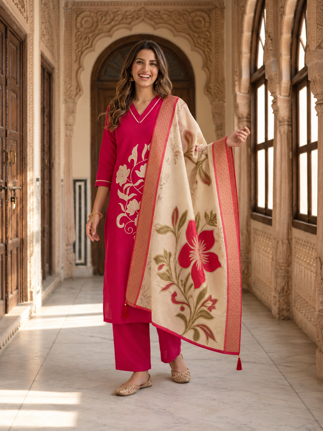 Rani Pink Tissue Kurta Set with Floral Embroidery, Palazzo & Tassel Dupatta