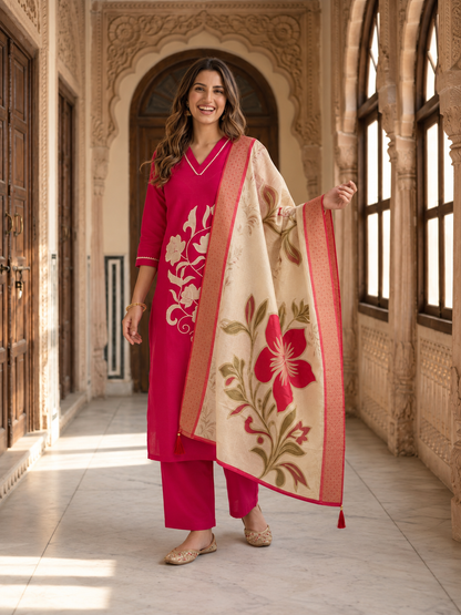 Rani Pink Tissue Kurta Set with Floral Embroidery, Palazzo & Tassel Dupatta