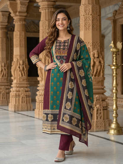 Burgundy Floral Cotton Kurta Set with Mirror Work, Palazzo & Printed Dupatta