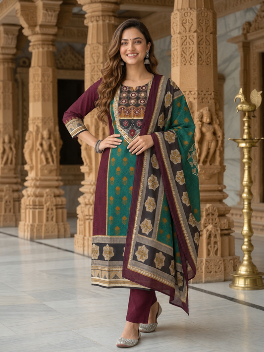 Burgundy Floral Cotton Kurta Set with Mirror Work, Palazzo & Printed Dupatta