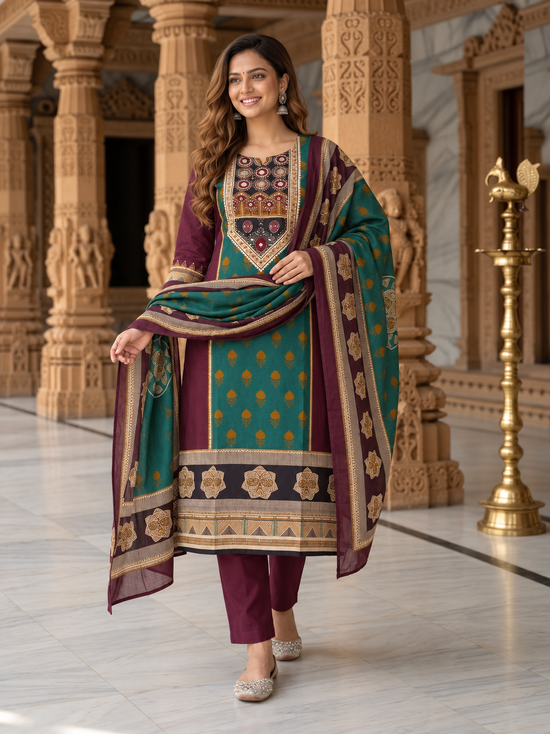 Burgundy Floral Cotton Kurta Set with Mirror Work, Palazzo & Printed Dupatta