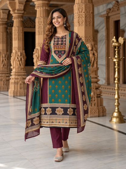 Burgundy Floral Cotton Kurta Set with Mirror Work, Palazzo & Printed Dupatta