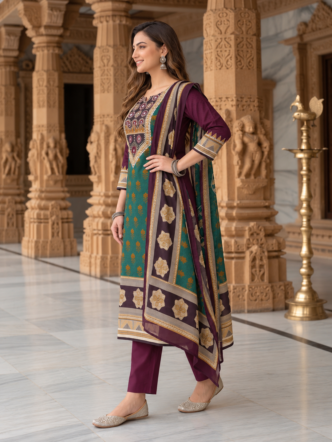 Burgundy Floral Cotton Kurta Set with Mirror Work, Palazzo & Printed Dupatta