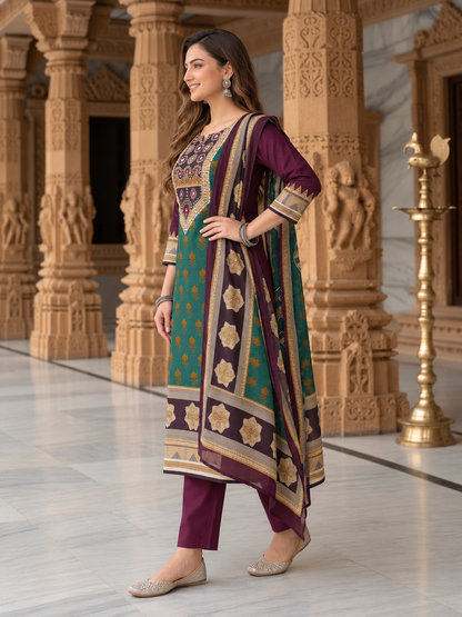 Burgundy Floral Cotton Kurta Set with Mirror Work, Palazzo & Printed Dupatta