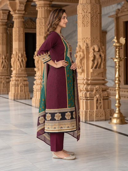 Burgundy Floral Cotton Kurta Set with Mirror Work, Palazzo & Printed Dupatta