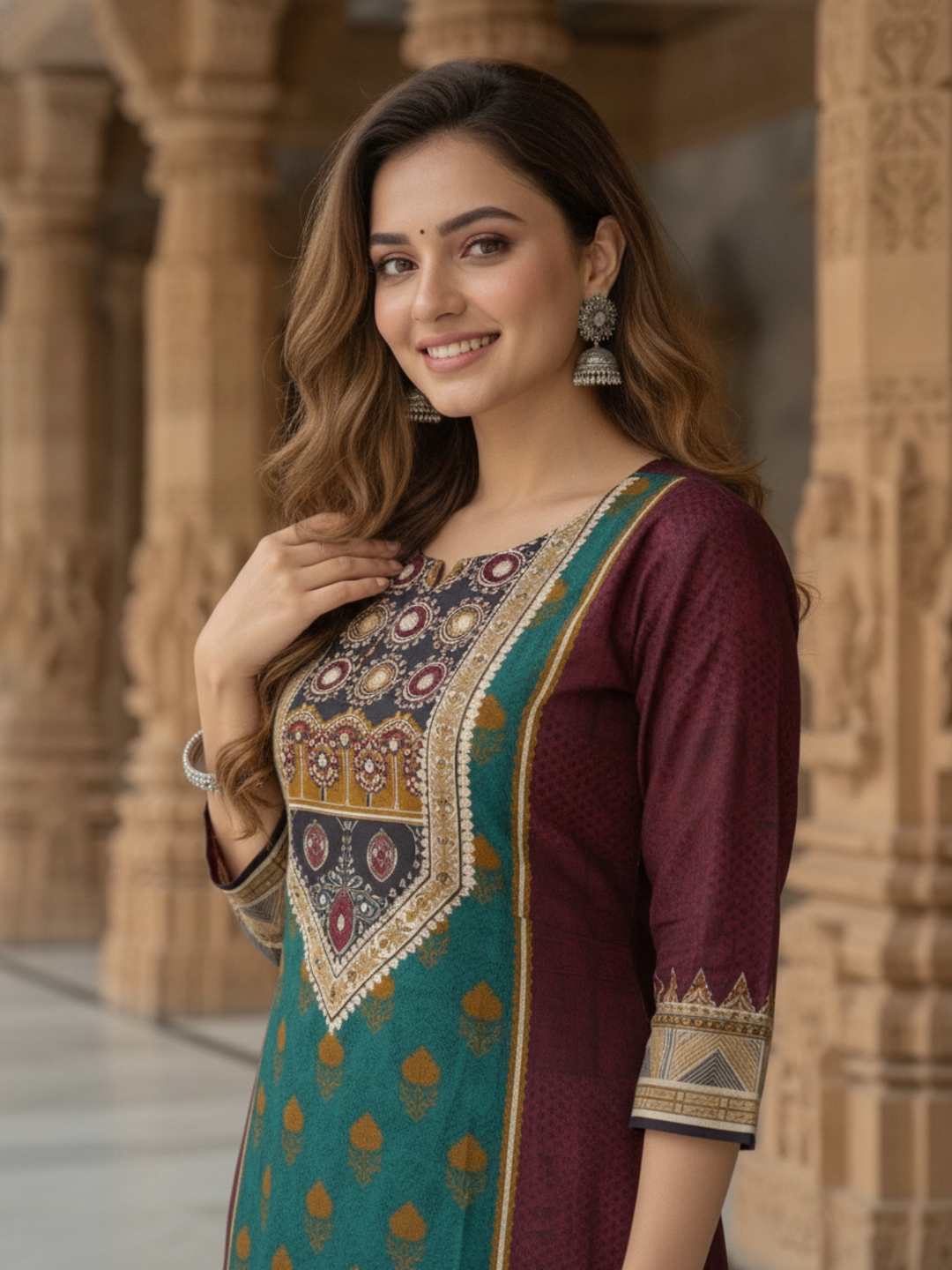 Burgundy Floral Cotton Kurta Set with Mirror Work, Palazzo & Printed Dupatta
