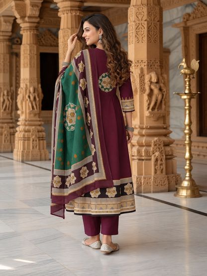 Burgundy Floral Cotton Kurta Set with Mirror Work, Palazzo & Printed Dupatta