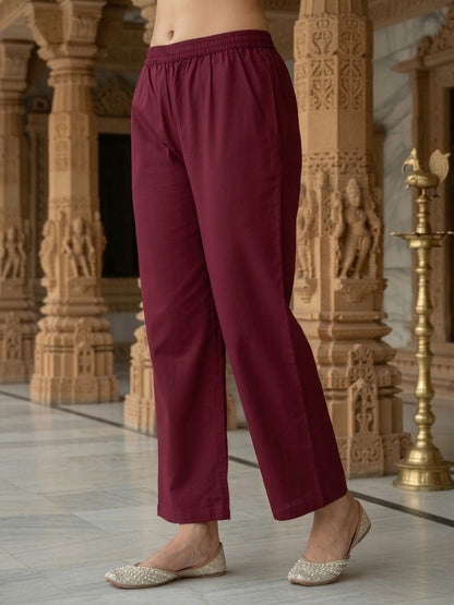 Maroon Floral Ethnic Printed Cotton A-Line Kurta Set with Mirror Work, Round Neck, Cotton Blend Palazzo & Printed Pure Cotton Dupatta