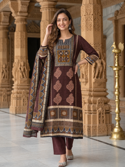 Maroon Floral Ethnic Printed Cotton A-Line Kurta Set with Mirror Work, Round Neck, Cotton Blend Palazzo & Printed Pure Cotton Dupatta