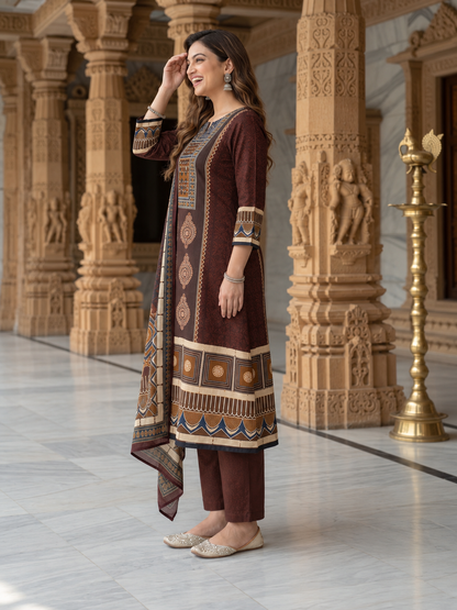 Maroon Floral Ethnic Printed Cotton A-Line Kurta Set with Mirror Work, Round Neck, Cotton Blend Palazzo & Printed Pure Cotton Dupatta