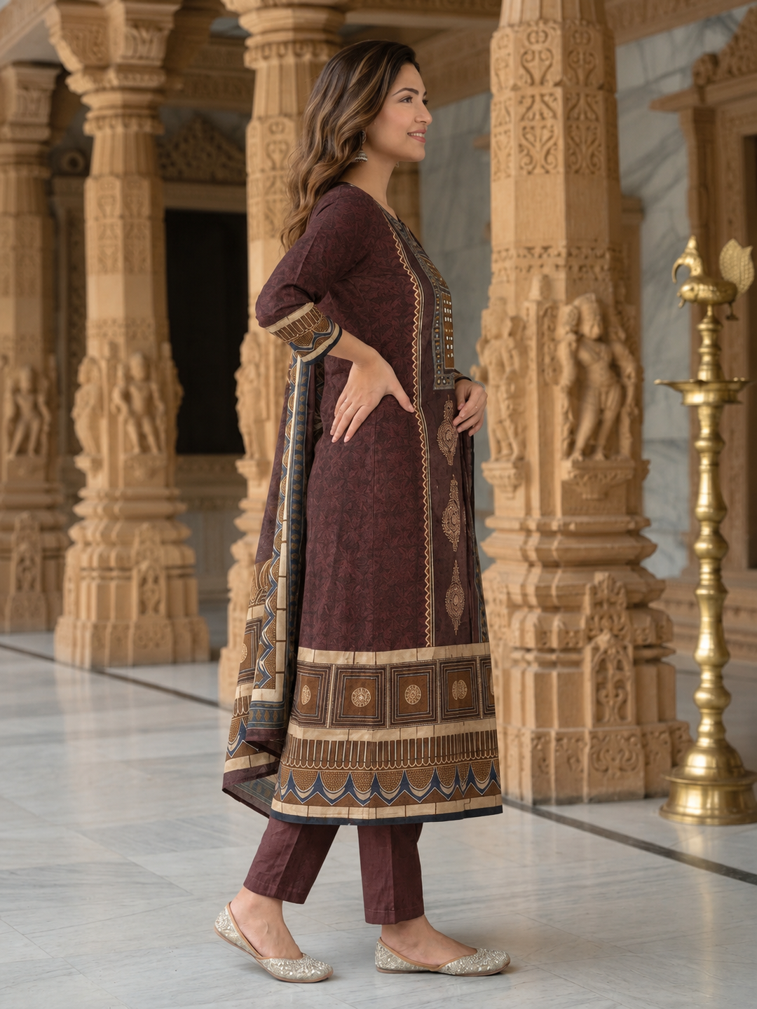 Maroon Floral Ethnic Printed Cotton A-Line Kurta Set with Mirror Work, Round Neck, Cotton Blend Palazzo & Printed Pure Cotton Dupatta