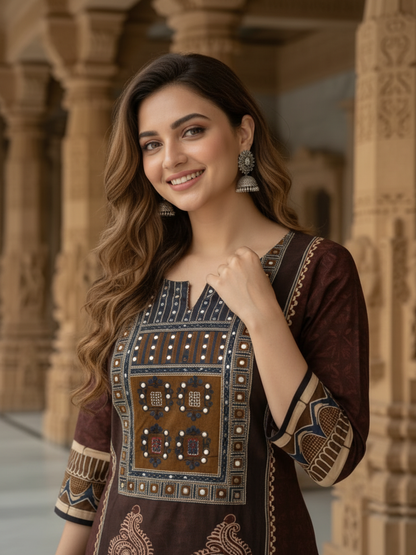 Maroon Floral Ethnic Printed Cotton A-Line Kurta Set with Mirror Work, Round Neck, Cotton Blend Palazzo & Printed Pure Cotton Dupatta