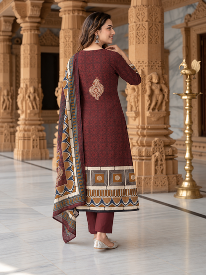 Maroon Floral Ethnic Printed Cotton A-Line Kurta Set with Mirror Work, Round Neck, Cotton Blend Palazzo & Printed Pure Cotton Dupatta