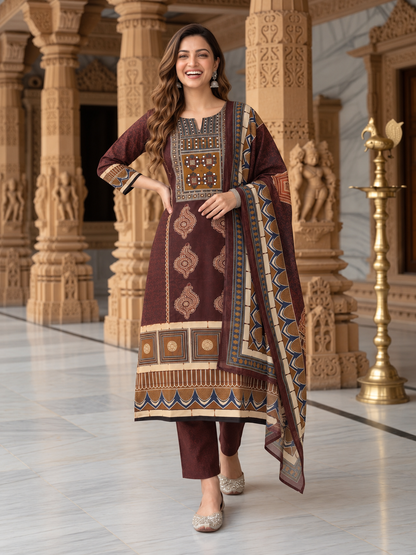 Maroon Floral Ethnic Printed Cotton A-Line Kurta Set with Mirror Work, Round Neck, Cotton Blend Palazzo & Printed Pure Cotton Dupatta