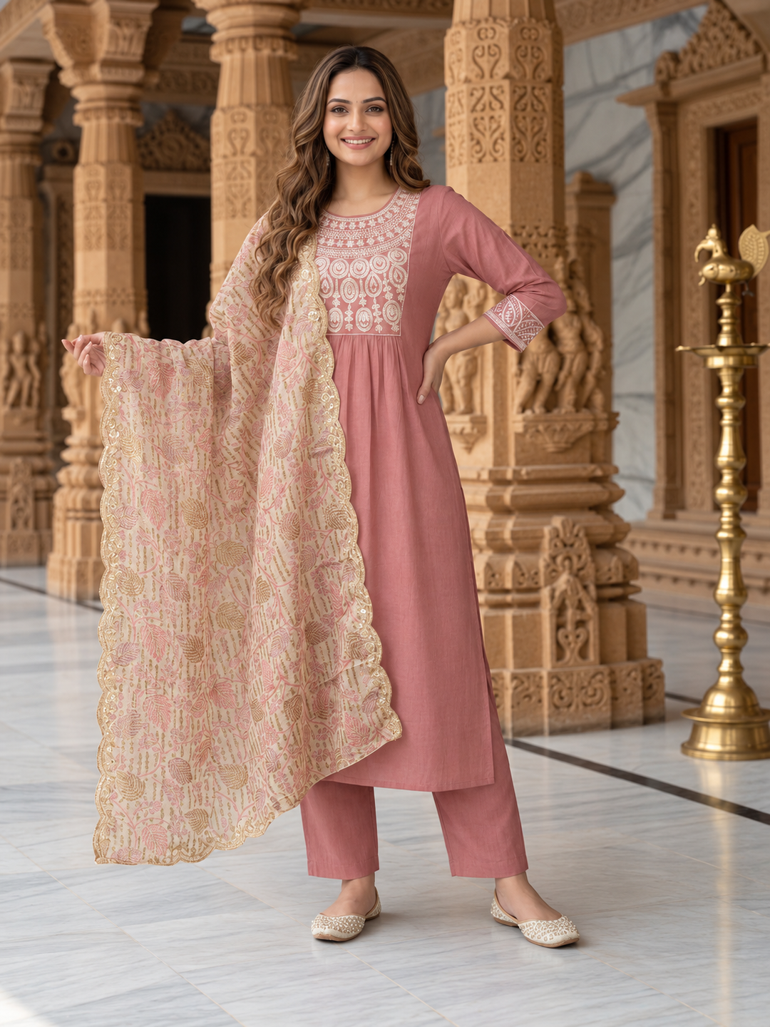 Dusty Rose Solid Muslin Silk A-Line Kurta Set with Zari Embroidery, Round Neck, Muslin Silk Palazzo & Embroidered Printed Poly Chanderi Dupatta