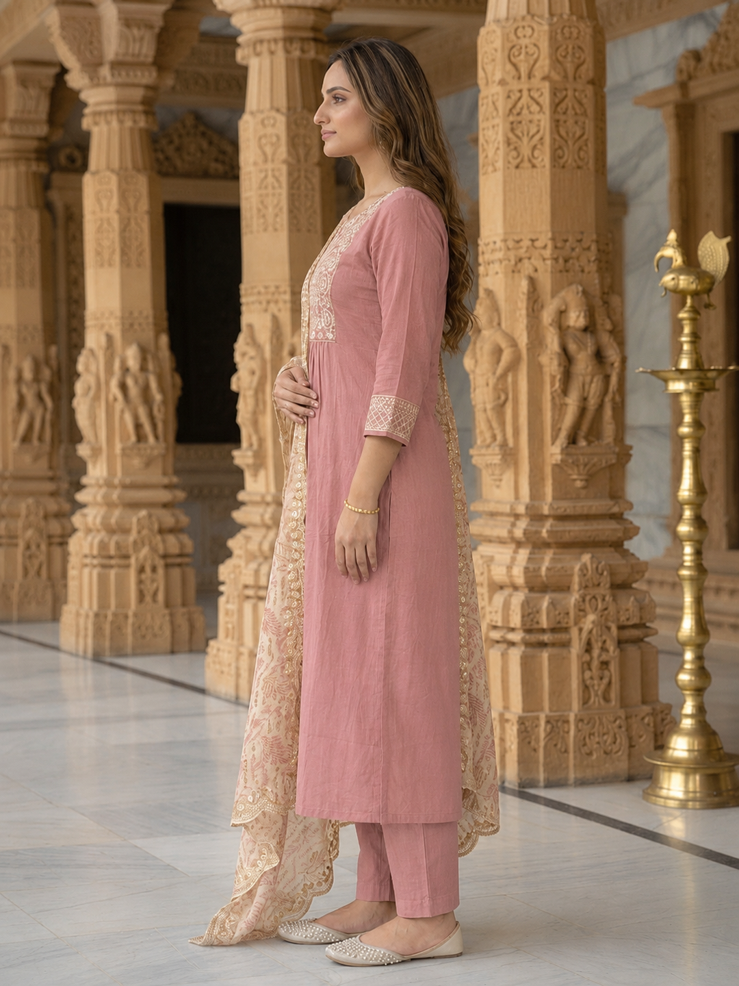 Dusty Rose Solid Muslin Silk A-Line Kurta Set with Zari Embroidery, Round Neck, Muslin Silk Palazzo & Embroidered Printed Poly Chanderi Dupatta