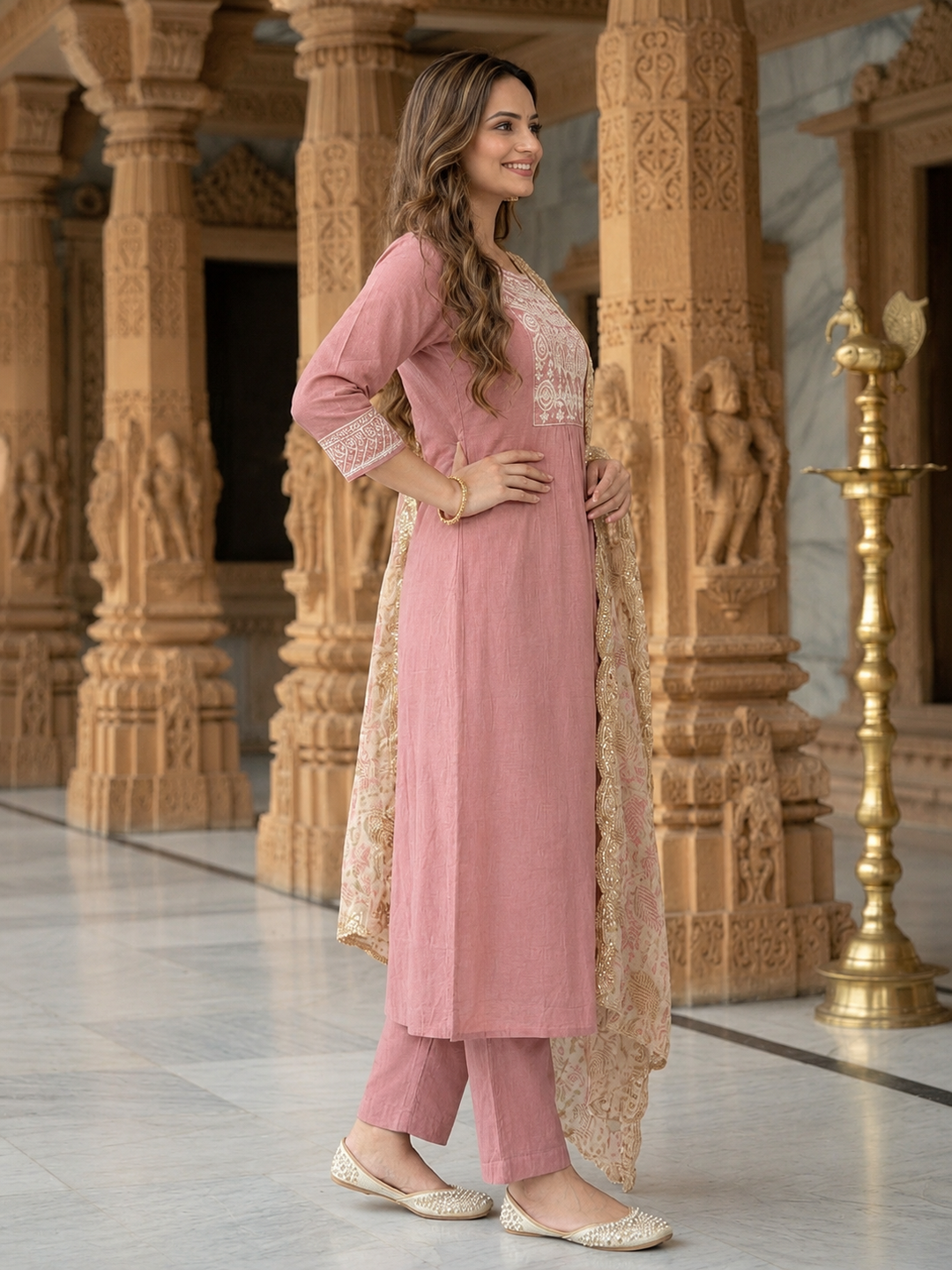 Dusty Rose Solid Muslin Silk A-Line Kurta Set with Zari Embroidery, Round Neck, Muslin Silk Palazzo & Embroidered Printed Poly Chanderi Dupatta