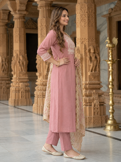 Dusty Rose Solid Muslin Silk A-Line Kurta Set with Zari Embroidery, Round Neck, Muslin Silk Palazzo & Embroidered Printed Poly Chanderi Dupatta