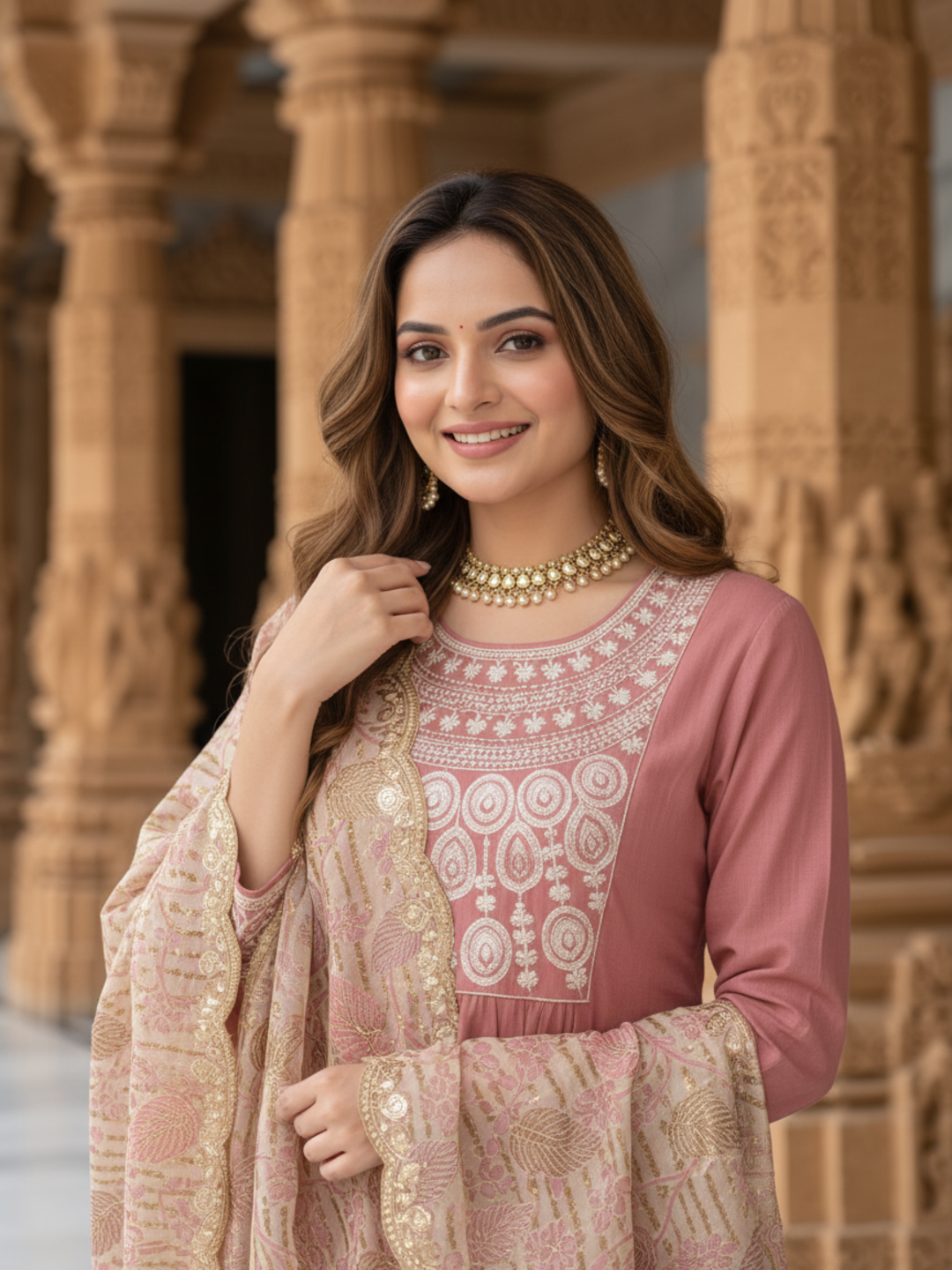 Dusty Rose Solid Muslin Silk A-Line Kurta Set with Zari Embroidery, Round Neck, Muslin Silk Palazzo & Embroidered Printed Poly Chanderi Dupatta