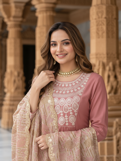 Dusty Rose Solid Muslin Silk A-Line Kurta Set with Zari Embroidery, Round Neck, Muslin Silk Palazzo & Embroidered Printed Poly Chanderi Dupatta