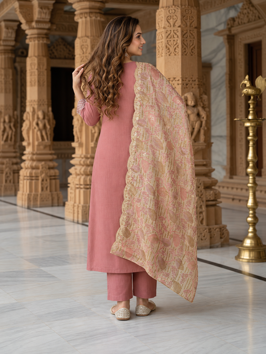 Dusty Rose Solid Muslin Silk A-Line Kurta Set with Zari Embroidery, Round Neck, Muslin Silk Palazzo & Embroidered Printed Poly Chanderi Dupatta