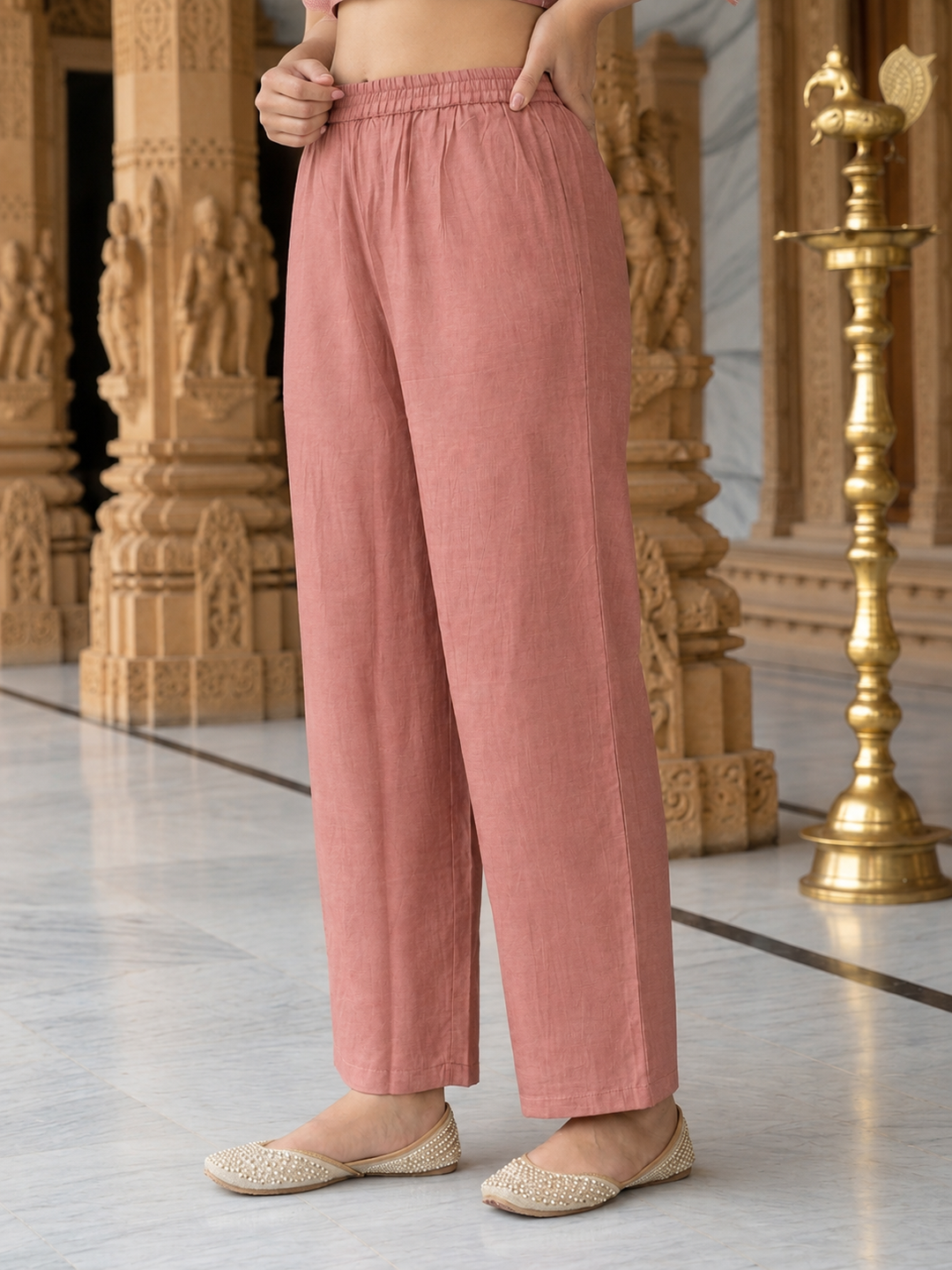 Dusty Rose Solid Muslin Silk A-Line Kurta Set with Zari Embroidery, Round Neck, Muslin Silk Palazzo & Embroidered Printed Poly Chanderi Dupatta