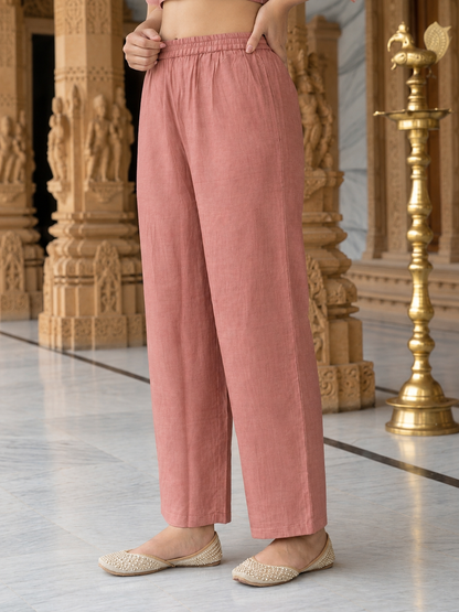 Dusty Rose Solid Muslin Silk A-Line Kurta Set with Zari Embroidery, Round Neck, Muslin Silk Palazzo & Embroidered Printed Poly Chanderi Dupatta