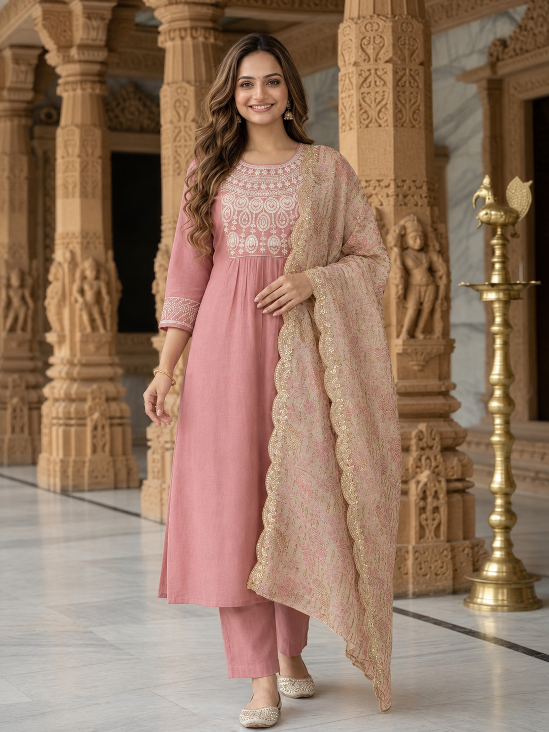 Dusty Rose Solid Muslin Silk A-Line Kurta Set with Zari Embroidery, Round Neck, Muslin Silk Palazzo & Embroidered Printed Poly Chanderi Dupatta