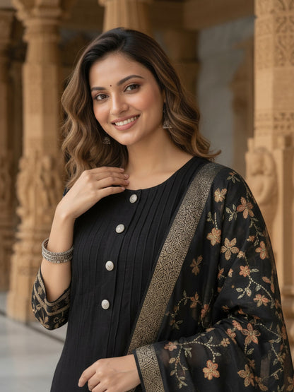 Black Silk Blend Kurta Set with Dori Embroidery, Pant & Printed Dupatta