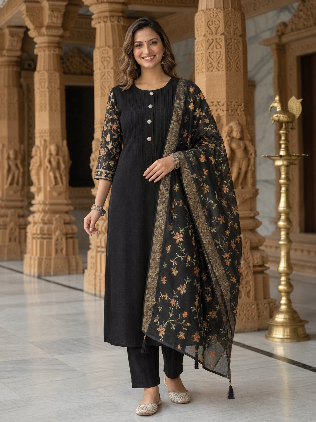 Black Silk Blend Kurta Set with Dori Embroidery, Pant & Printed Dupatta