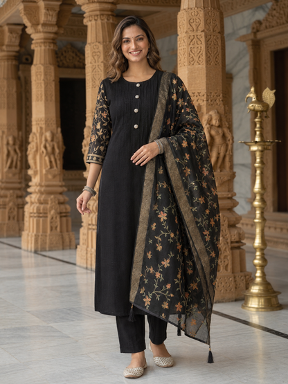 Black Silk Blend Kurta Set with Dori Embroidery, Pant & Printed Dupatta