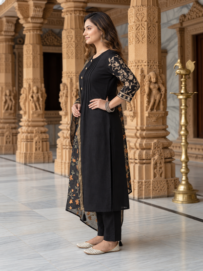 Black Silk Blend Kurta Set with Dori Embroidery, Pant & Printed Dupatta