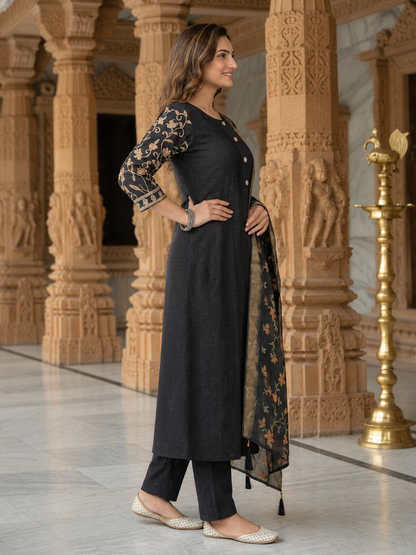 Black Silk Blend Kurta Set with Dori Embroidery, Pant & Printed Dupatta
