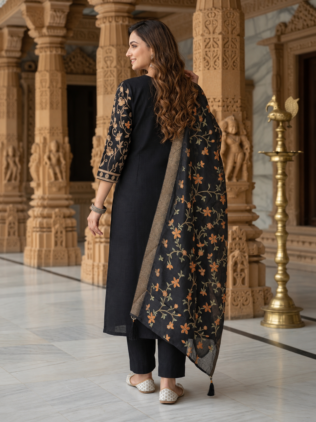 Black Silk Blend Kurta Set with Dori Embroidery, Pant & Printed Dupatta