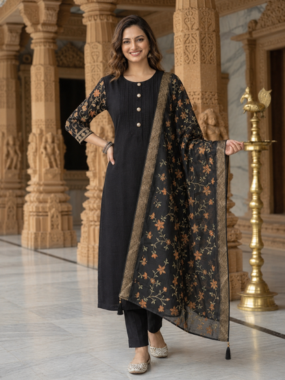 Black Silk Blend Kurta Set with Dori Embroidery, Pant & Printed Dupatta