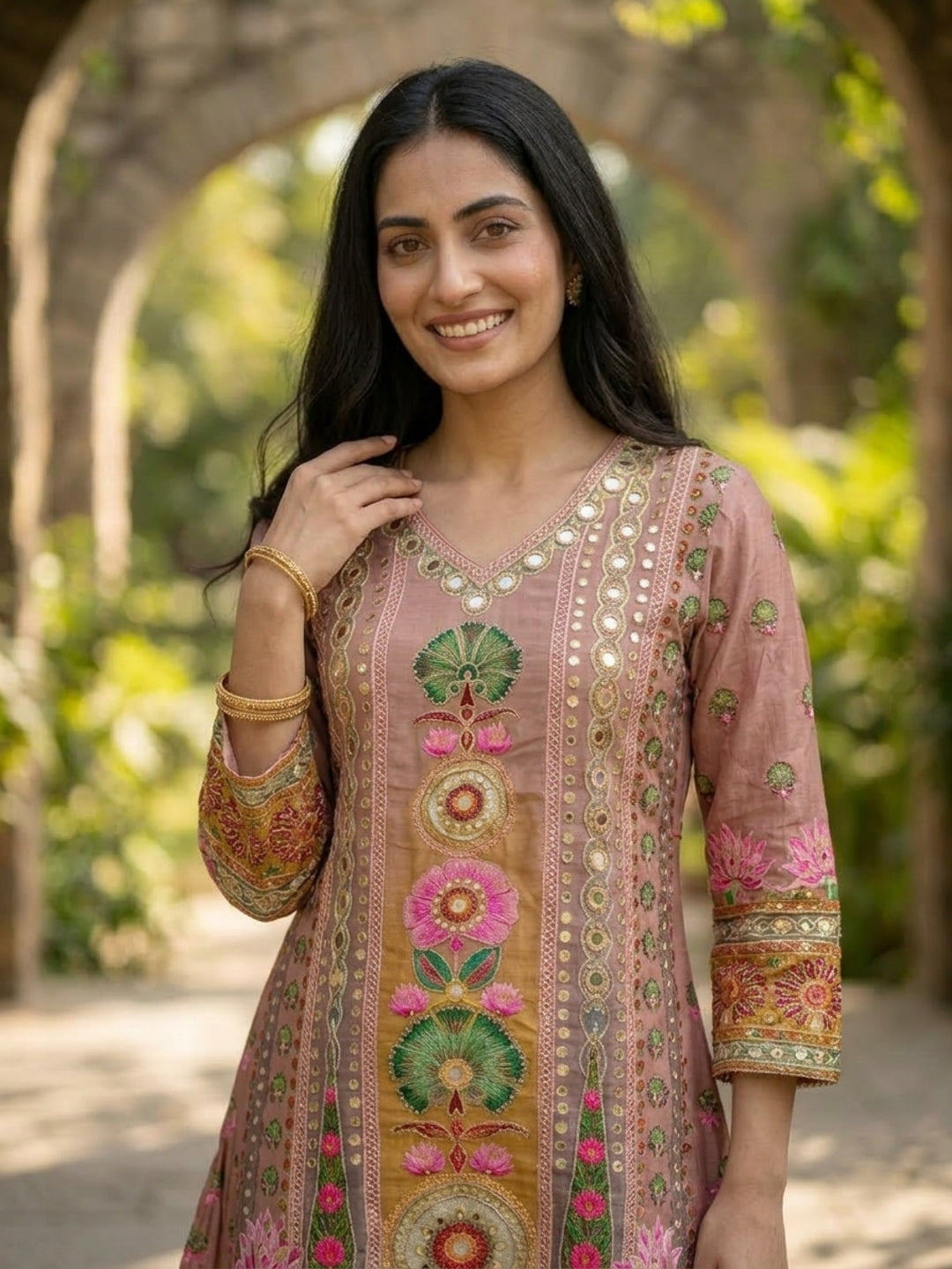 Mauve Floral Crepe A-Line Kurta Set with Shantoon Palazzo & Dupatta